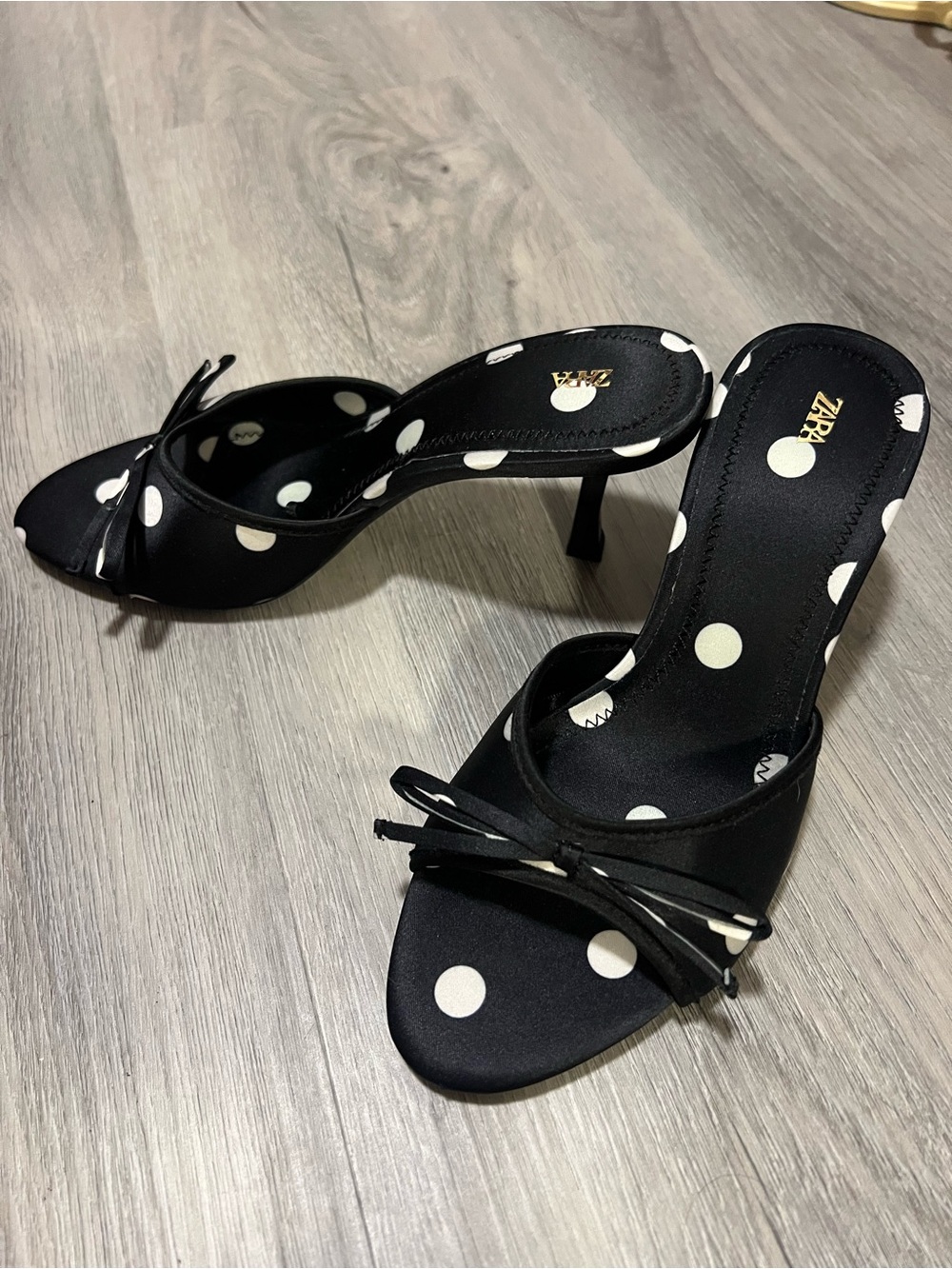 Zara Black and White Polka Dot Bow Heeled Mules